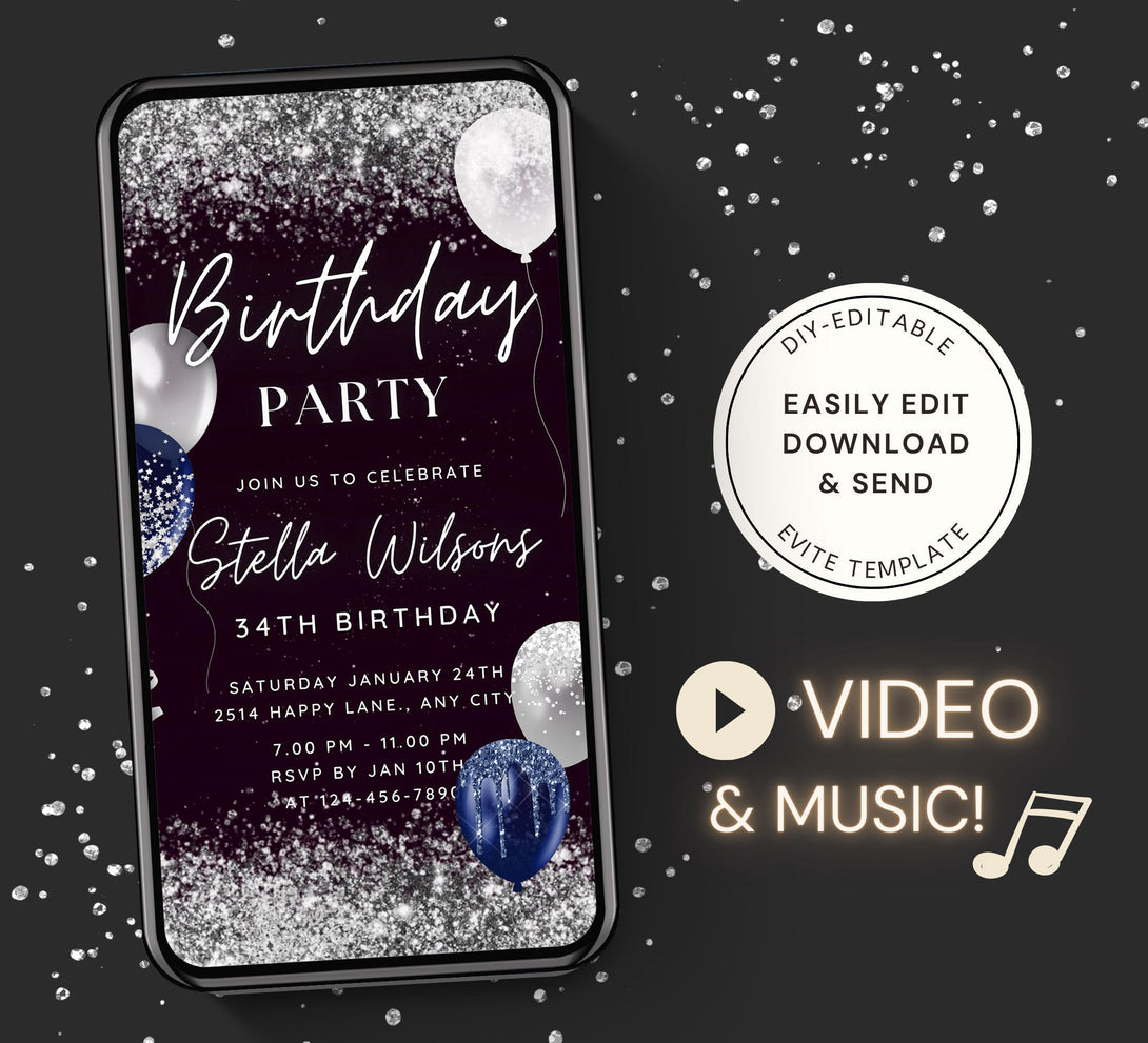 Silver and Black Birthday Party Invitation, Video Birthday Party Invite, Editable Bday Dinner, Animated Classy Black Night Digital e-vite - Visley Printables