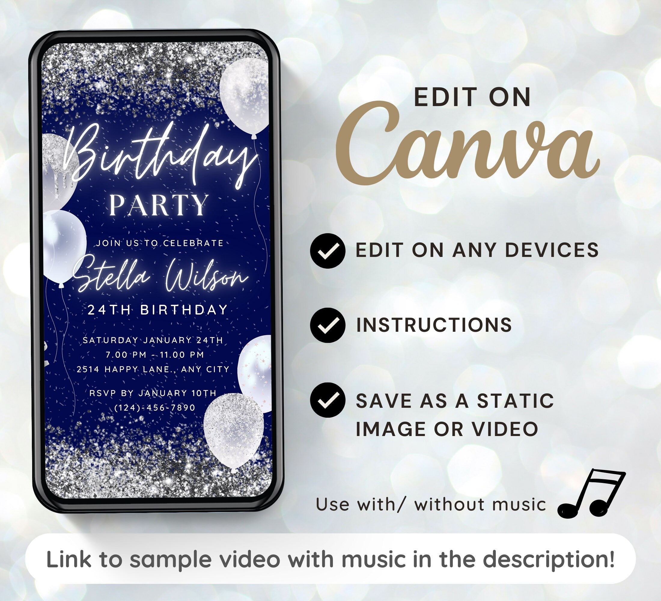 Silver and Blue Birthday Party Invitation, Video Birthday Party Invite ...