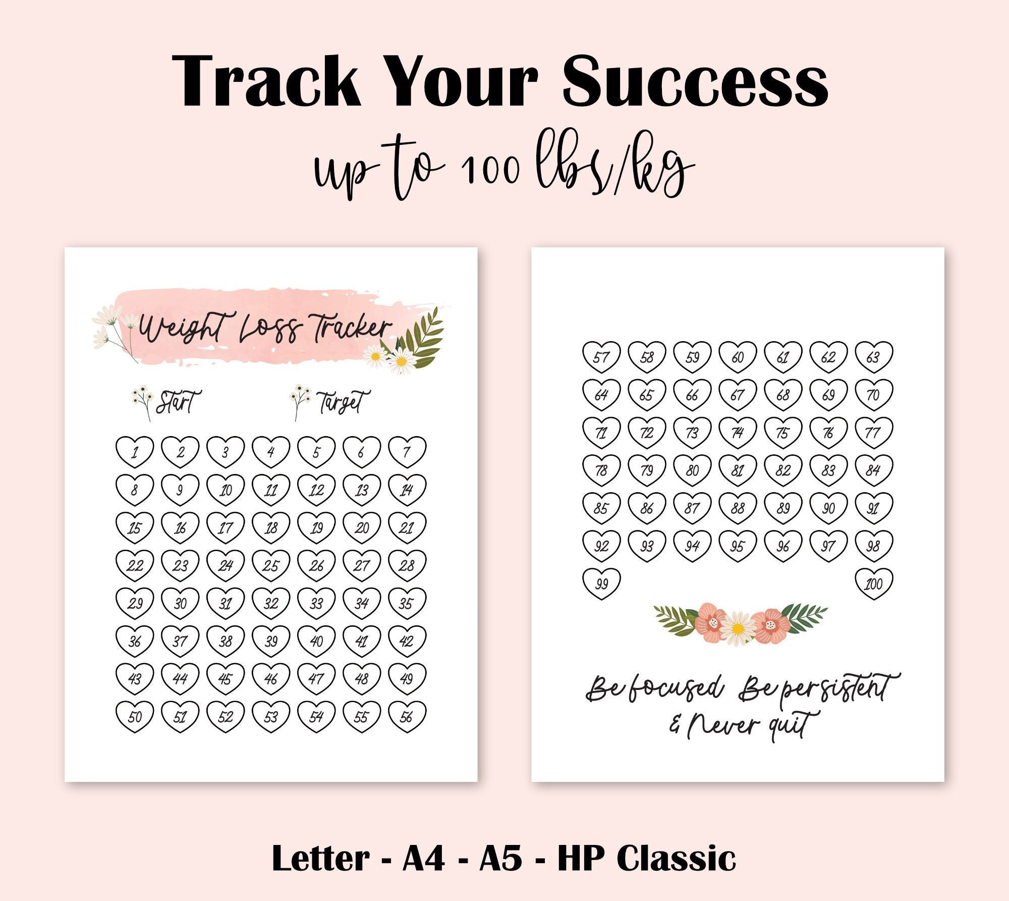 Weight Loss Journal 100 lbs/kg Loss Tracker Chart Fitness & Self Care ...